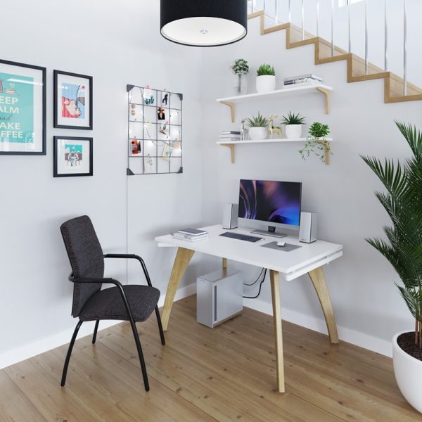 bench desk in home office set up with black office chair