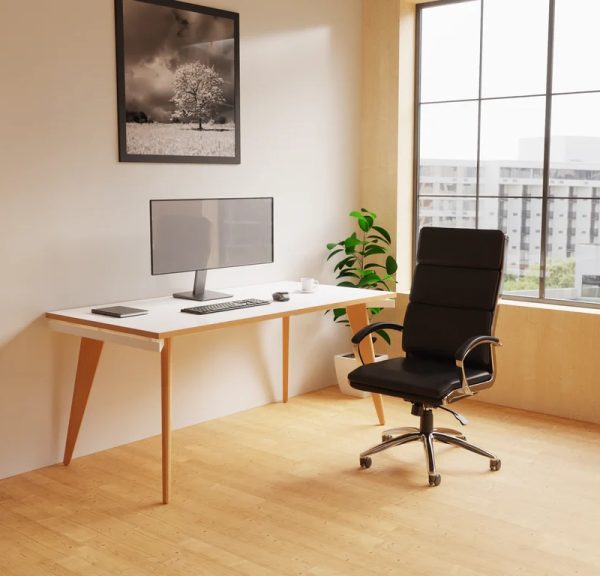 bench style desk in office room shot with office chair