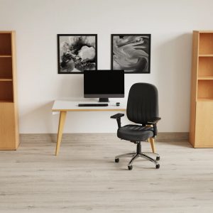 bench style desk in home office room set with office storage and office chair