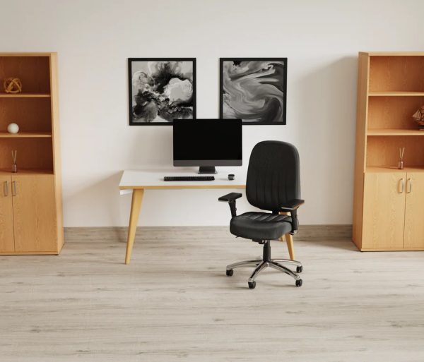 bench style desk in home office room set with office storage and office chair