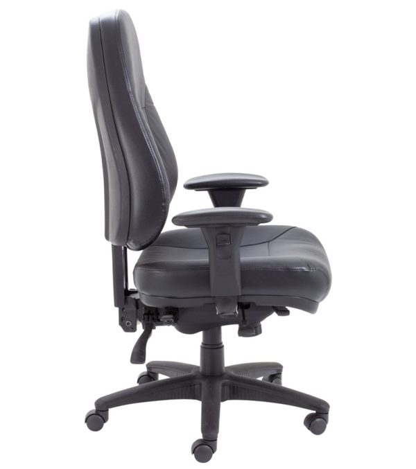 black leather 24 hour executive office chair with black base. Side view
