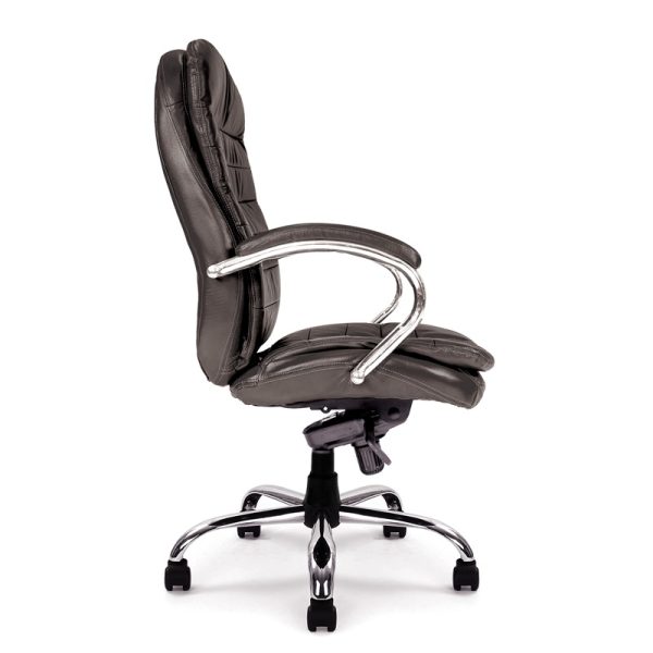 black leather executive office chair with chrome base and arms. Side view