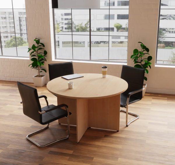 black leather meeting chair around round meeting table