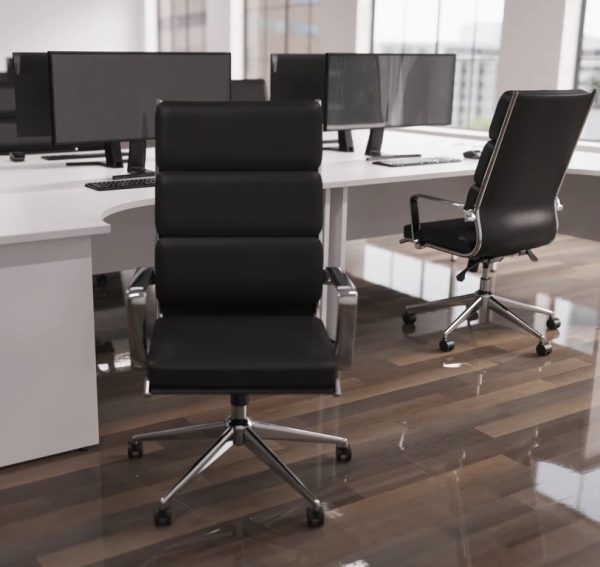 black leather office chair with chrome base and arms in room set in front of office desks