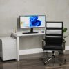 black leather office chair in front of white home office desk and desk pedestal