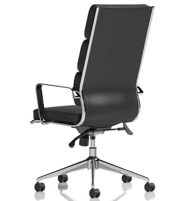 black leather office chair with chrome base and arms. Back View