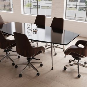 boardroom table high gloss black with silver legs in meeting room with 6 office chairs