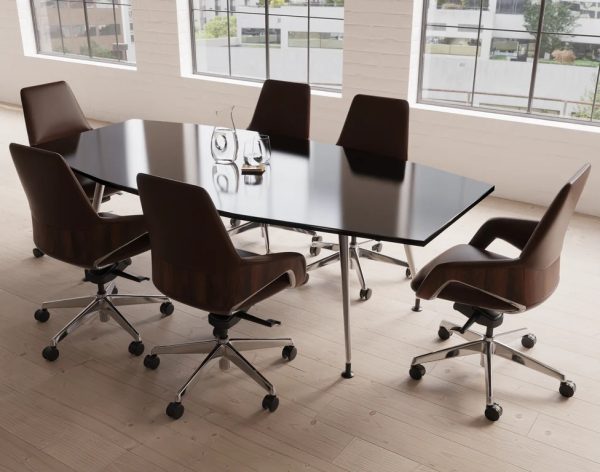 boardroom table high gloss black with silver legs in meeting room with 6 office chairs