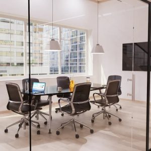 Boardroom table high gloss black in meeting room with 6 black meeting chairs