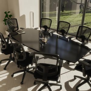 boardroom table in high gloss finish in meeting room with 8 meeting chairs