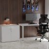 office cupboard white high gloss in home office set up with white office desk and black mesh office chair