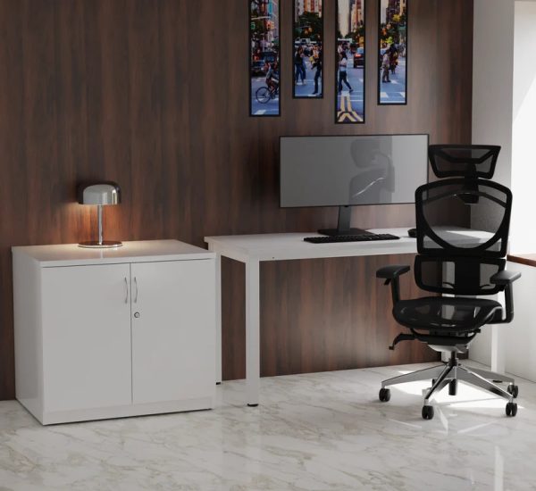 office cupboard white high gloss in home office set up with white office desk and black mesh office chair