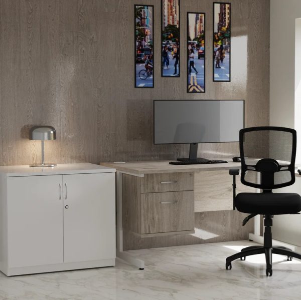 office cupboard in high gloss white in home office room set with maple office desk and black mesh office chair