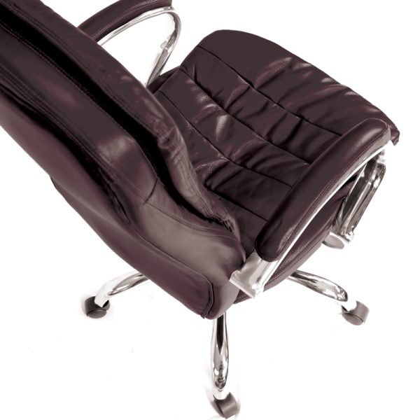 brown leather executive office chair with chrome base and arms. Aerial view