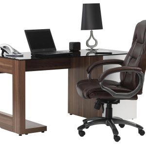 brown leather office chair infront of office desk