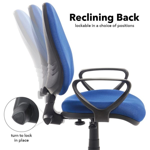 budget operators chair in blue fabric with arms. image describing reclining back