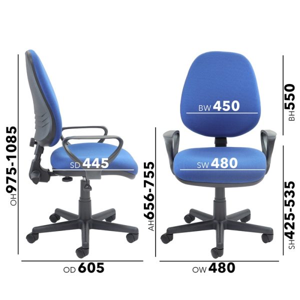 budget operators chair in blue fabric and arms. dimensions image