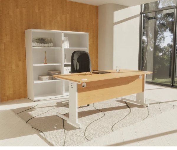 cable managed desk in home office room set with beech desk top and white leg frame