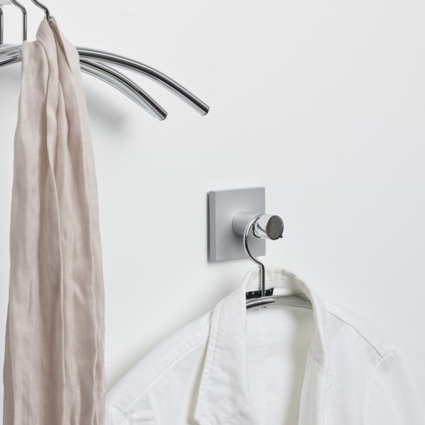 chrome coat hooks with shirt and scarf hanging