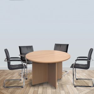 circular meeting tables in beech with black mesh cantilever frame meeting chair around