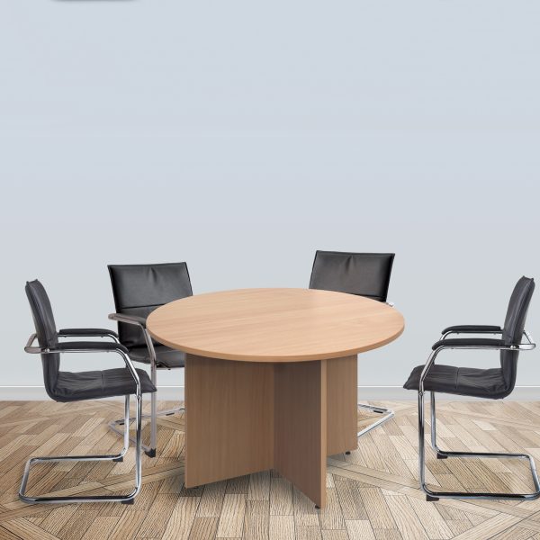 circular meeting tables in beech with black mesh cantilever frame meeting chair around