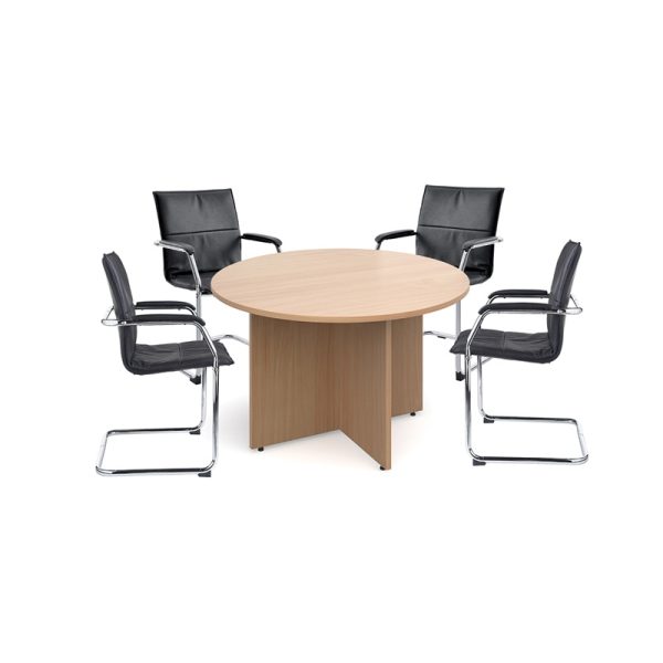 circular meeting table with black mesh back meeting chairs around