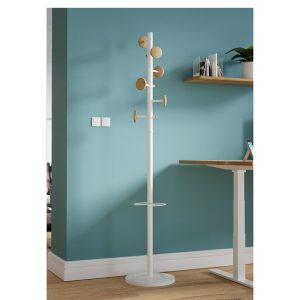 coat stand white with wooden hooks in room set by office desk