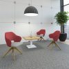 contemporary reception chairs with red and grey fabric around square coffee table