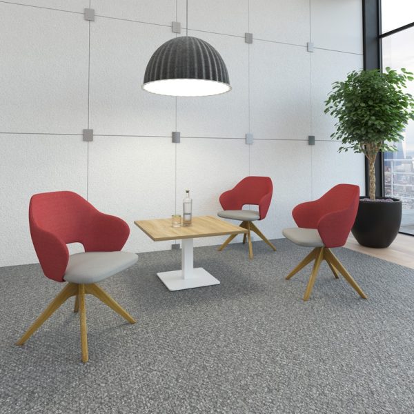 contemporary reception chairs with red and grey fabric around square coffee table