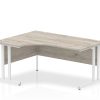 crescent desk with grey oak desk top and white cantilever leg frame