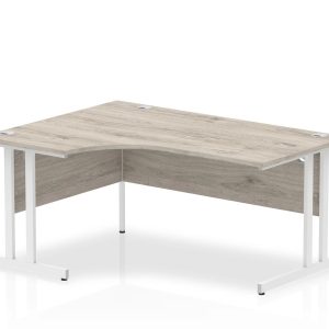 crescent desk with grey oak desk top and white cantilever leg frame