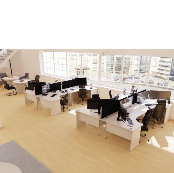 crescent office desks with panel end in white in office