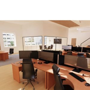 crescent office desk in office room shot with mesh office chairs