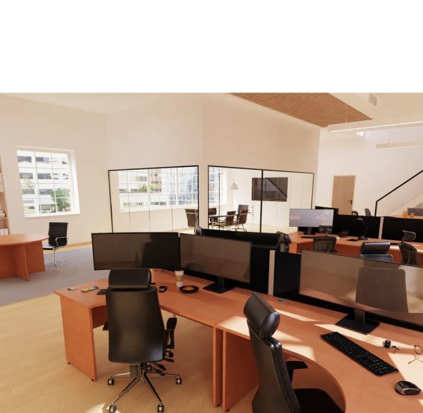 crescent office desk in office room shot with mesh office chairs