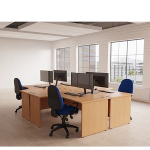 crescent office desk in beech in office room shot with black office chairs