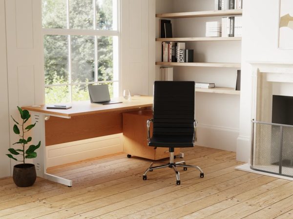 design classic high back office chair in black leather in home office room shot with office desk