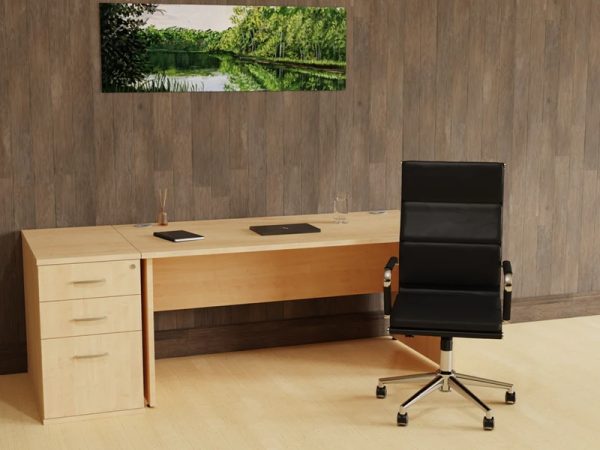 design classic high back office chair in black leather and chrome frame in room shot in front of beech office desk