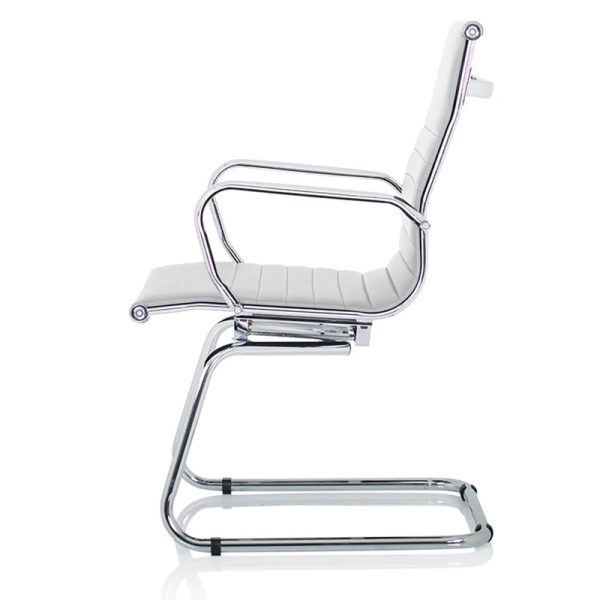 design classic visitor chair with white leather and chrome leg frame