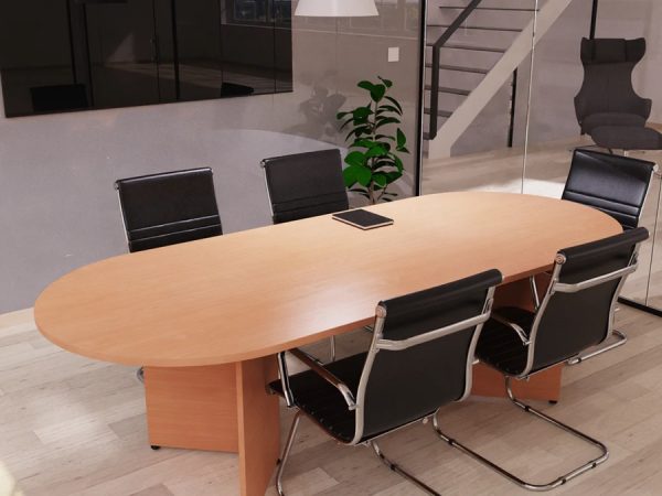 design classic meeting chair in black leather around a rounded end meeting table