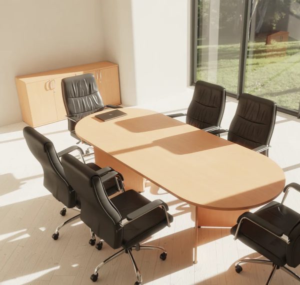 desk high office cupboard in meeting room with meeting table and black meeting chairs