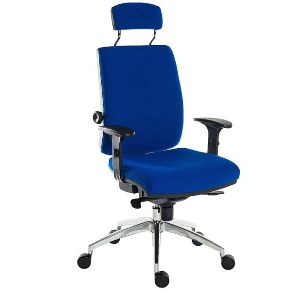 ergonomic office chair with headrest and arms in blue fabric