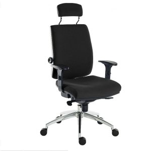 ergonomic chair with head rest and arms in black fabric with aluminium base