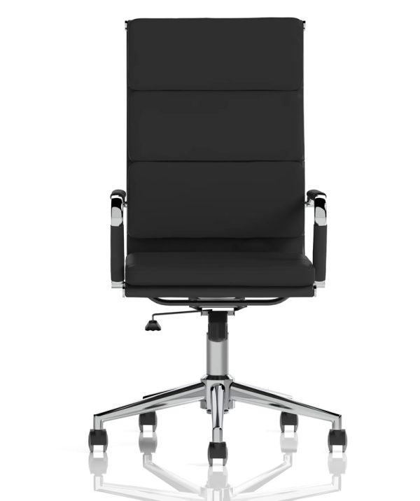 executive high back office chair in black faux leather and chrome frame front view
