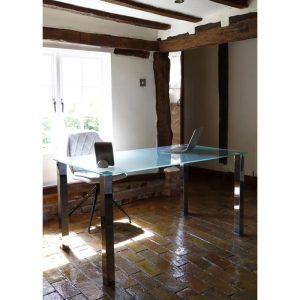 frosted modern office glass desk with stainless steel legs