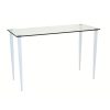 glass desk with clear glass top and slender white legs