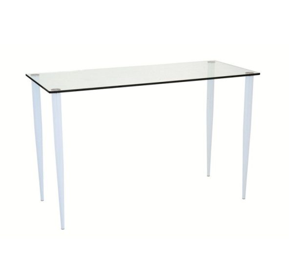 glass desk with clear glass top and slender white legs