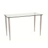 contemporary glass home office desk with clear glass top and matt nickel legs. Modern frosted glass desk