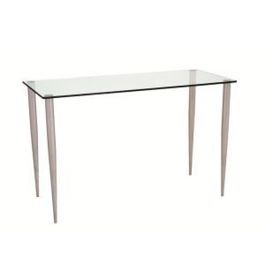 contemporary glass home office desk with clear glass top and matt nickel legs. Modern frosted glass desk