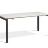 height adjustable desk with white desk top and ply edge. Black leg frame