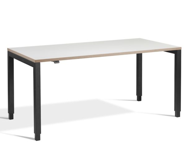 height adjustable desk with white desk top and ply edge. Black leg frame